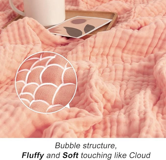 EMME Cotton Blanket Queen Size for Bed Soft Large Muslin Bed Blankets 90"x90" Lightweight Breathable All Season Gauze Blanket, Pink-Ruum Studio Home