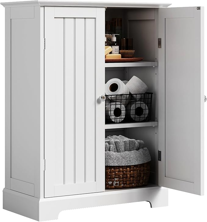 ChooChoo Bathroom Floor Cabinet, Modern Bathroom Storage Cabinet with 2 Doors and Adjustable Shelves, Freestanding Cupboard for Living Room, White-Ruum Studio Home