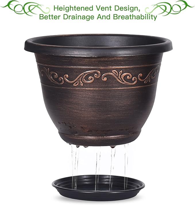 Plastic-Plant-Flower-Planters-14 Inch with Drainage Hole & Saucer, 3 Packs Lightweight Large Resin Flower Pot Indoor Outdoor, Retro Antique Imitation Decorative Garden Containers Sets for Houseplants-Ruum Studio Home