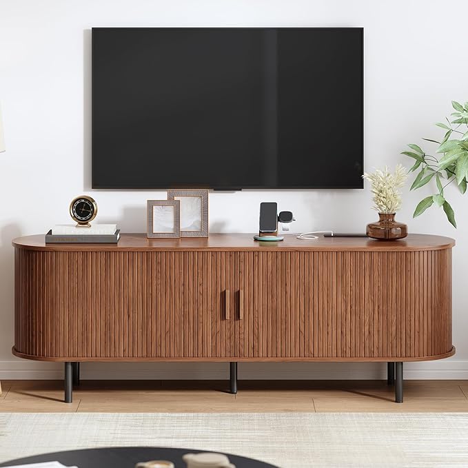 63" TV Stand with Power Outlet, Modern Media Console with Sliding Doors, Entertainment Center for TVs up to 60 Inch, Adjustable Shelves, Walnut-Ruum Studio Home
