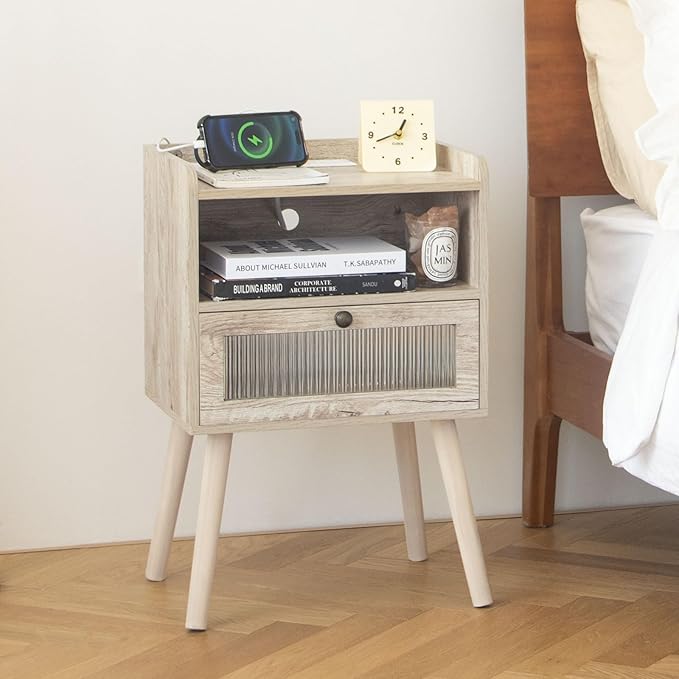 AWASEN Nightstand with Charging Station, Modern Bedside Table with Glass Decorative Drawer, Charging Night Stand Side Tables for Bedroom and Small Space, Rustic White Oak-Ruum Studio Home