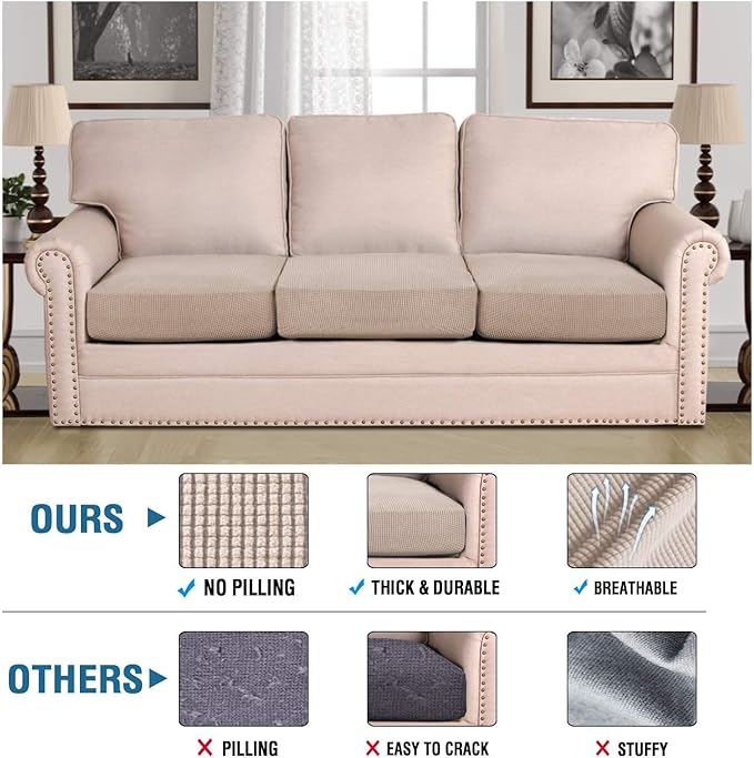 H.VERSAILTEX Super Stretch Individual Seat Cushion Covers Sofa Covers Couch Cushion Cover Slipcover Sets Thick Jacquard Textured Twill Fabric (3 Piece XL Sofa Cushion Covers, Sand)-Ruum Studio Home