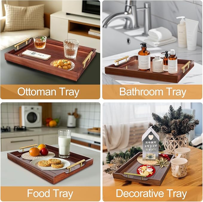 Coffee Table Tray - Large Ottoman Trays for Living Rooms - Wood Serving Tray with Handles(2 Sets) - Wooden Tray for Coffee Table, 4 Round Coasters Included, Dark Brown-Ruum Studio Home