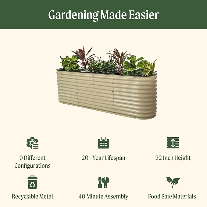 Vego garden 32" Extra Tall Raised Garden Bed Kits, 9 in 1 Modular Raised Planter Box for Vegetables Flowers Fruits Oval Metal Raised Garden-Modern Gray-Ruum Studio Home
