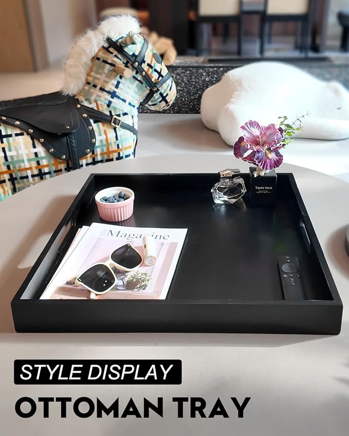 22 Inches Square Wood Ottoman Tray Black, Extra Large Wooden Serving Tray with Handles for Living Room, Serving Food Breakfast, Ottoman Coffee Table Couch Sofa Kitchen-Ruum Studio Home