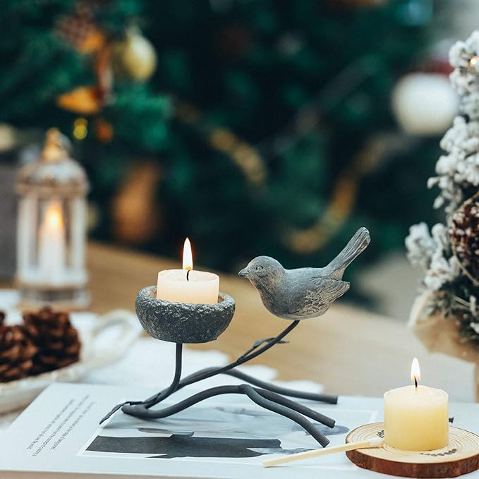 Marbrasse Votive Candle Holders, Vintage Home Decor Centerpiece, Iron Branches, Resin Bird and Nest, Tabletop Decorative TeaLight Candle Stands,Creative Artwork (Grey Black)-Ruum Studio Home