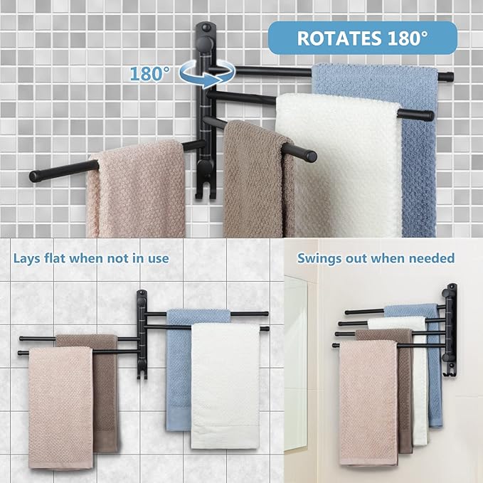 Black Towel Rack JSVER Swivel Towel Rack Wall Mounted, SUS304 Stainless Steel Towel Bar, 4 Arms Space Saving Towel Holder, Towel Racks for Bathroom-Ruum Studio Home