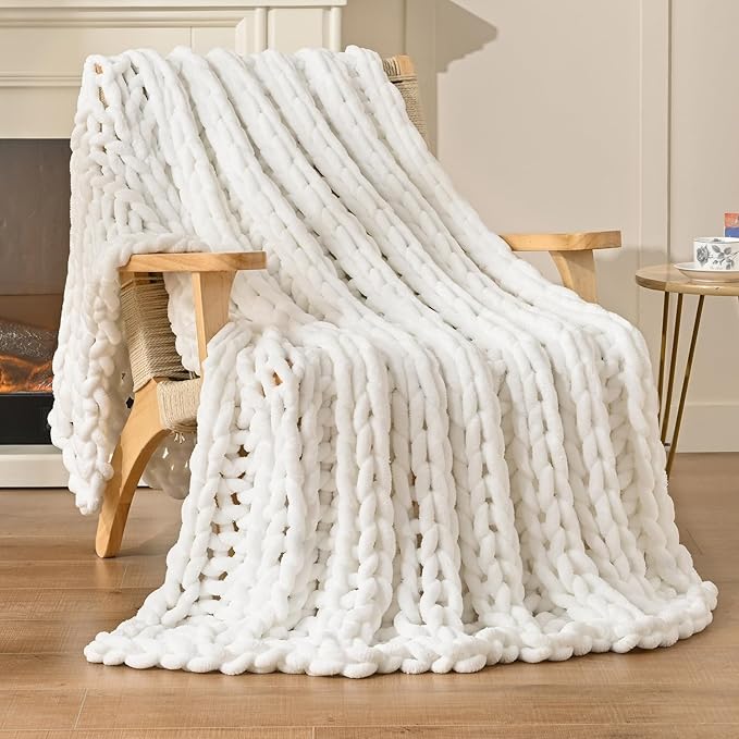 Esterra Chunky Knit Blanket Throw, 100% Handmade Chenille Throw Blanket 50"x60", Soft Thick Yarn Cable Knit Crochet Throw Blanket Rope Knot Throw for Couch Bed Sofa, Bright White-Ruum Studio Home