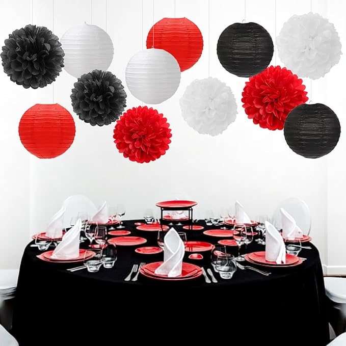 Red-Black White Party-Decorations Paper Flowers Lanterns - 15PCS Halloween Birthday Tissue Pom Poms Streamers,Wedding Baby Bridal Shower Hanging Supplies Decor Hugfond-Ruum Studio Home