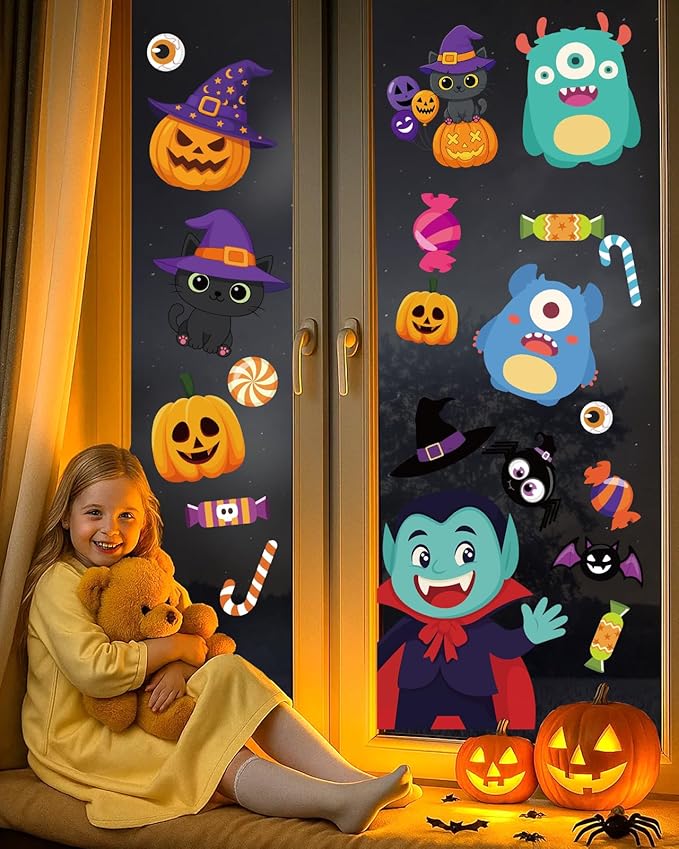 Halloween Window Clings - 9 Sheets 82 Pcs Cute Happy Halloween Window Decorations Indoor for Home Eyes Party Ghost Cat Bat Witch Stickers for Glass Double-Sided Removable Static Glass Decals-Ruum Studio Home