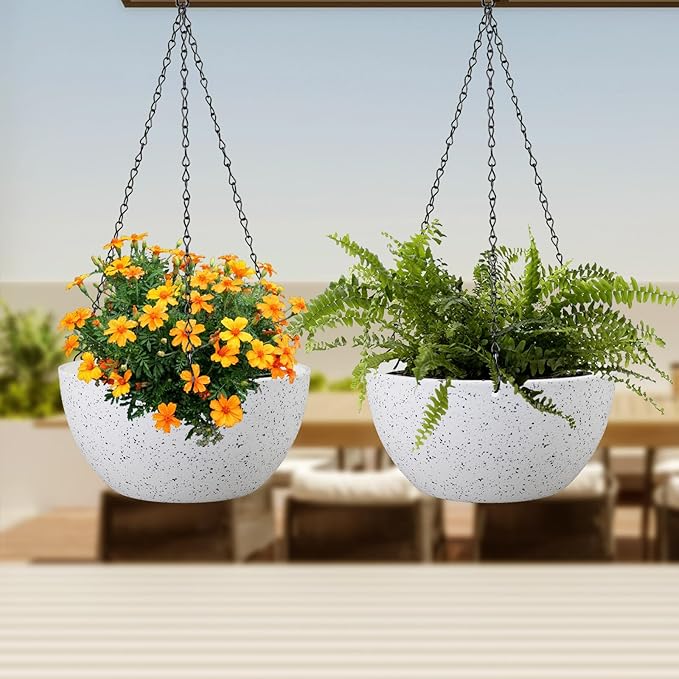10 inch Hanging Planters for Indoor Outdoor Plants, 2 Pack Hanging Flower Pots with Drainage Holes and Chain for Garden Porch, Plastic Hanging Baskets for House Plants, Speckled White-Ruum Studio Home