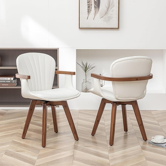 LUNLING Swivel Dining Room Chairs Set of 2,Mid Century Modern White Faux Leather Kitchen Chair with Arms,Bamboo Legs Side Chairs No Wheels,Accent Chair for Dining Rooms and Offices-Ruum Studio Home