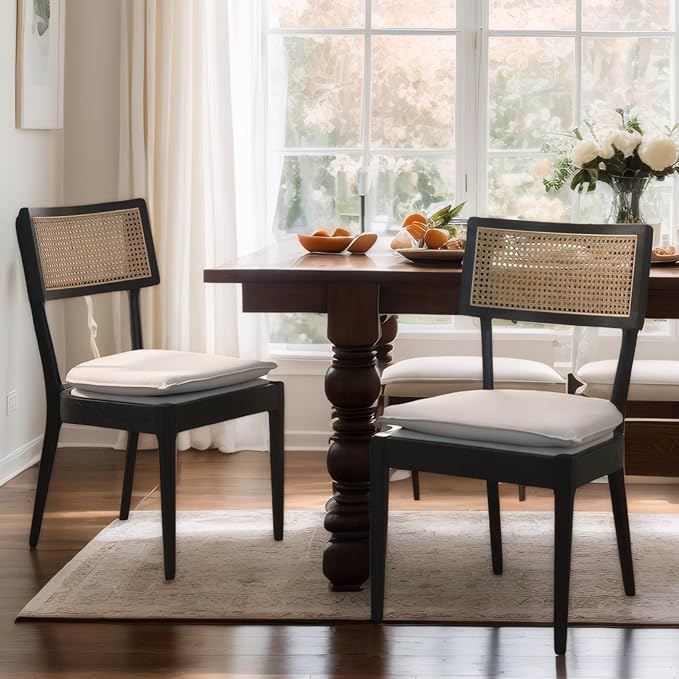 Rattan Dining Chairs Set Of 2 , Mid Century Modern Black Wooden Cane Back Chairs with Removable Linen Cushion , Retro Farmhouse Upholstered Kitchen & Dining Room Chairs for Restaurant Living Room-Ruum Studio Home
