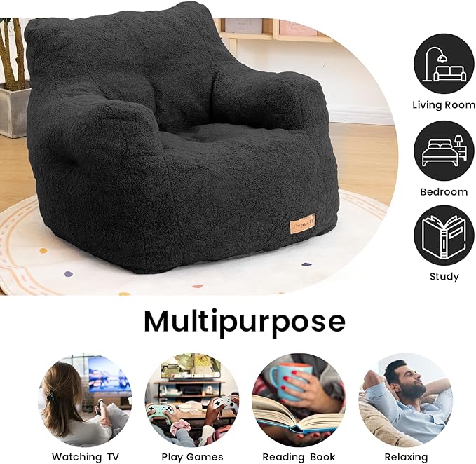 Bean Bag Chair with Filler, Bean Bag Sofa with Tufted Soft Stuffed Filling, Fluffy and Lazy Sofa, Comfy Cozy BeanBag Chairs with Memory Foam for Dorm, Apartment, Living Room (Black)-Ruum Studio Home
