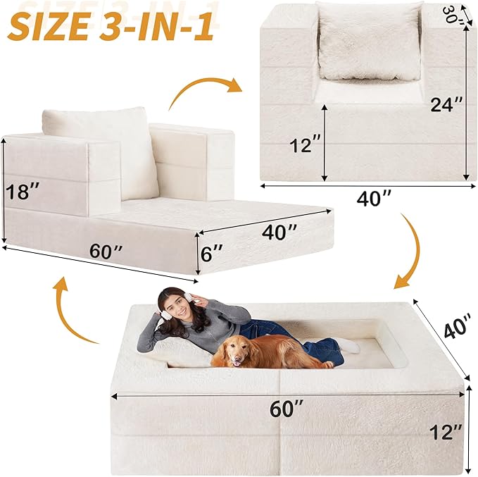 Folding Bean Bag Chair for Adults,3-in-1 Bean Bag Couch Faux Fur Floor Sofa Large Beanbag Convertible Bean Bag Sofa Bed with Pillow in Bedroom,Living Room,Apartment(Twin,Milky White)-Ruum Studio Home