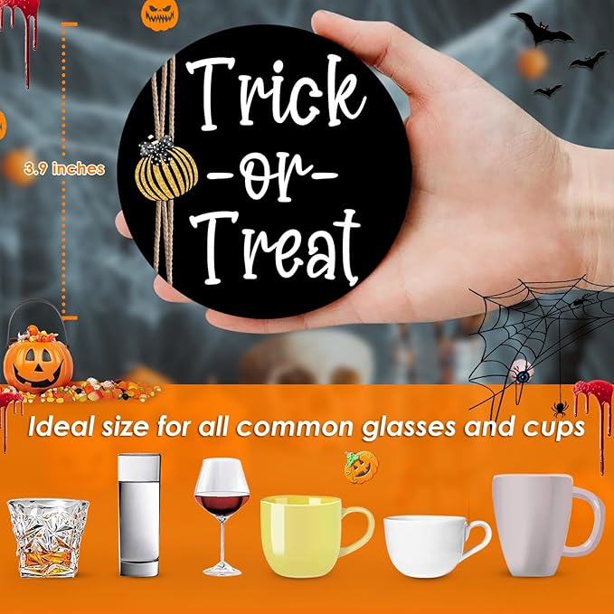 Coaster for Drinks Set of 6, Halloween Boo Black Cat Trick or Treat Spooky Pumpkin Bat Absorbent Round Ceramic Stone Mat, with Cork Base and Metal Holder, Gift for Housewarming Room Bar Decor-Ruum Studio Home