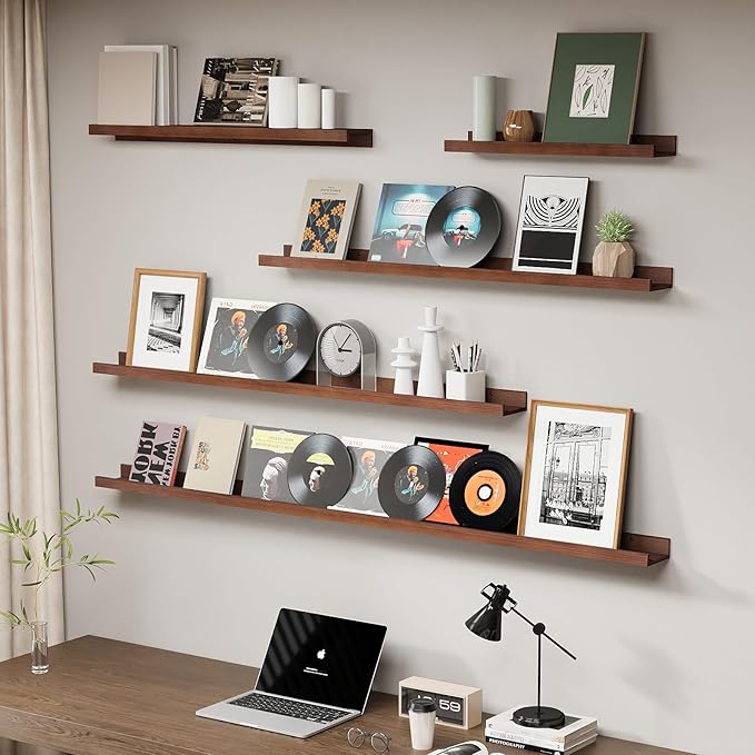 SAUMONIERES Picture Ledge Shelf Floating Book Shelves Set of 2 Wall Mounted Solid Wood for Bedroom Bathroom Living Room Kitchen, 72 Inch Walnut-Ruum Studio Home