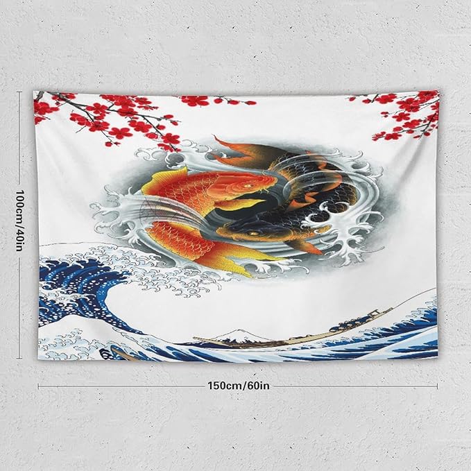 Houselerax Koi Fish Tapestry, Japanese Style Yin Yang Big Wave Cherry Blossoms Tapestries Wall Hanging for Bedroom Living Room Office Decor 60"x40"-Ruum Studio Home