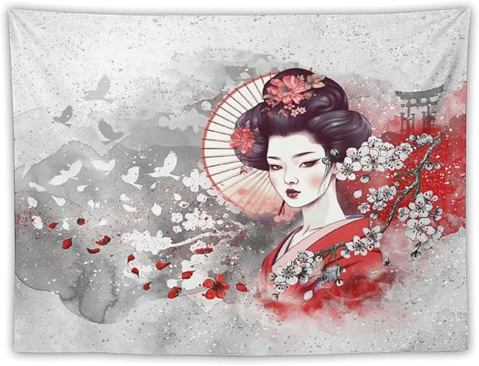 Japanese Geisha Tapestry Asian Red Cherry Blossom Traditional Kimono Folk Tapestries Home Decor for Living Room Bedroom Apartment Farmhouse Dorm 90"x60"-Ruum Studio Home