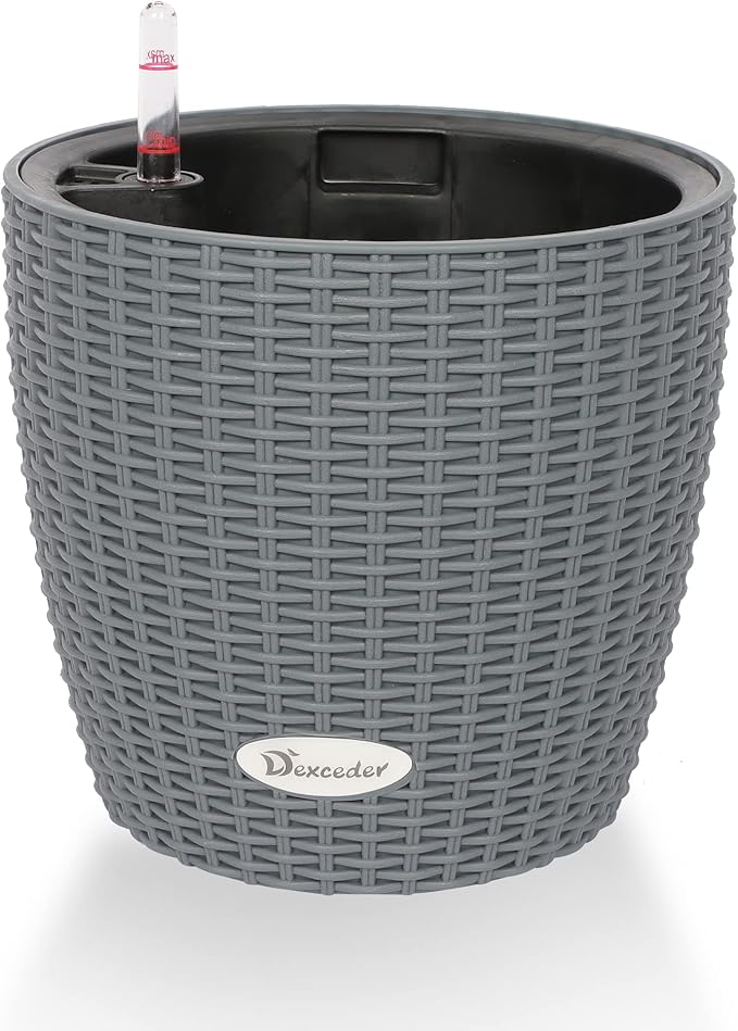 Dexceder 9x8 Inches Rattan Self Watering Planter Indoor Outdoor, Inner Pot Design, Thickened Table Flower Plant Pot with Water Level Indicator (Deep Gray)-Ruum Studio Home