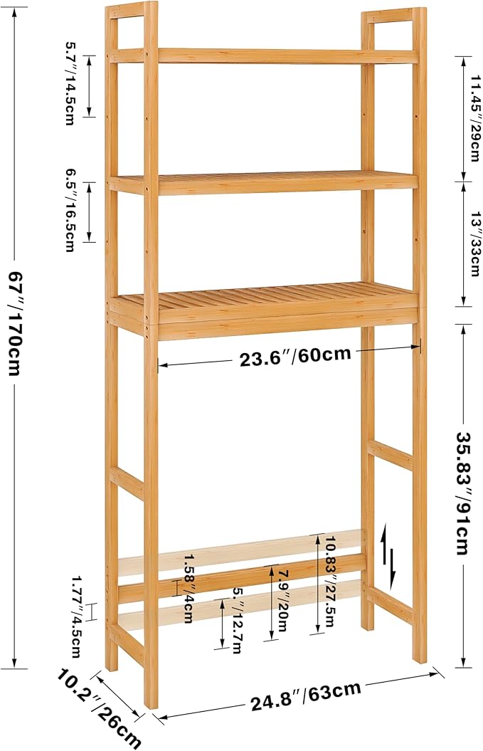 SMIBUY Bathroom Storage Shelf, Bamboo Over-The-Toilet Organizer Rack, Freestanding Toilet Space Saver with 3-Tier Adjustable Shelves (Natural)-Ruum Studio Home