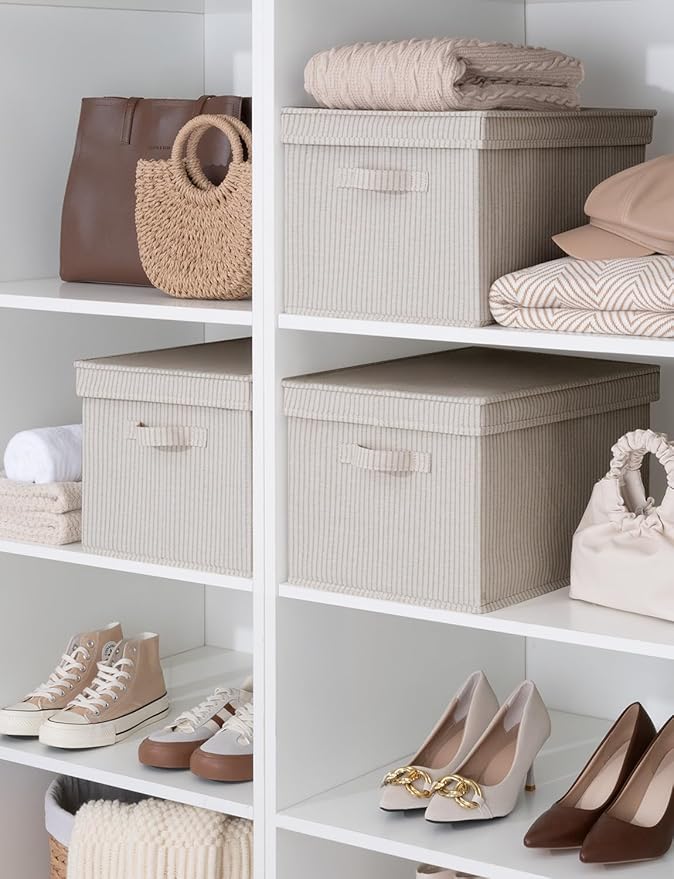 StorageWorks Storage Bins with Lids, Decorative Storage Boxes with Lid and Handles, Foldable Storage Baskets for Closet, Shelves, Stackable, Khaki Stripe, Jumbo, 3-Pack-Ruum Studio Home
