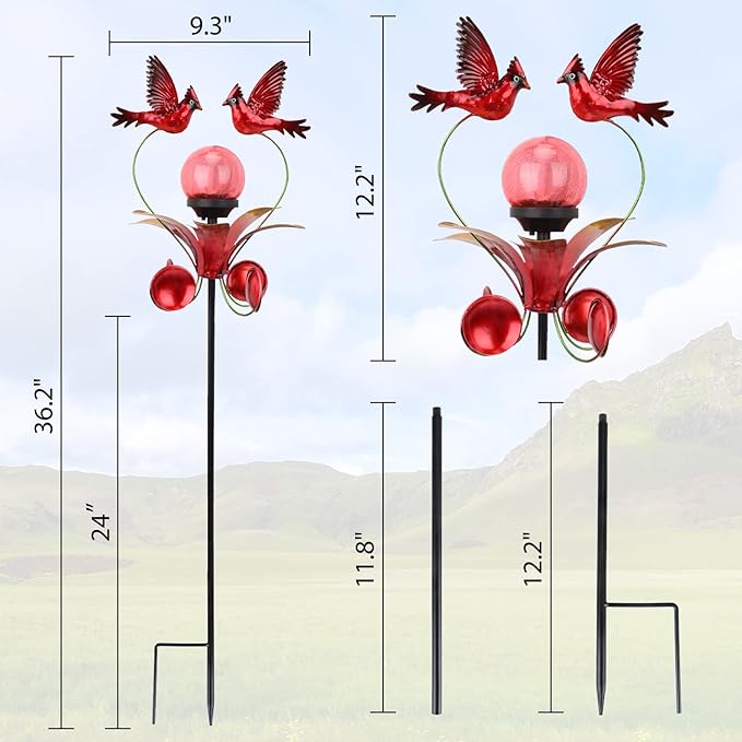 VCUTEKA Cardinal Solar Lights Outdoor Metal Garden Stake Waterproof Crackle Glass Globe Garden Decor Cardinal for Pathway, Lawn, Patio, Yard-Ruum Studio Home