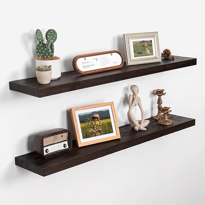 Axeman Floating Shelves for Wall - 40''W x 8'' D Rustic Solid Elm Wood Shelves for Storage, Wall Mounted Display Shelving with Invisible Heavy-Duty Metal Bracket (Walnut, 2PCs)-Ruum Studio Home