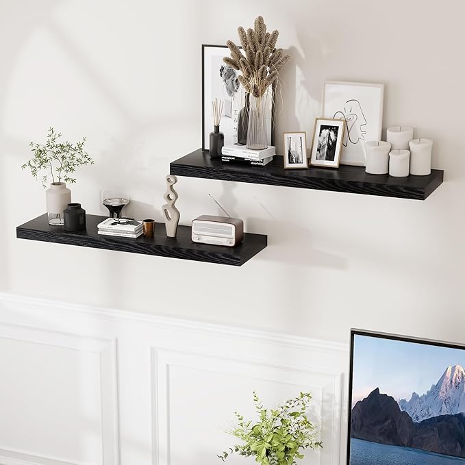 Fun Memories Black Floating Shelves 36 Inch Long, 9 Inch Deep Wall Shelves Set of 2, 36 x 9 Floating Shelf for Wall, Rustic Wood Floating Shelves for Kitchen, Living Room, Bedroom-Ruum Studio Home