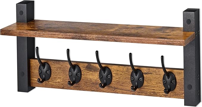 Sorbus Coat Hooks Wall Mount with Shelf – 16 Inch Coat Rack Wall Mount with 5 Heavy Duty Hooks – Floating Wall Shelf with Hooks for Entryway, Bathroom, Bedroom, Kitchen, or Mudroom (Rustic Brown)-Ruum Studio Home