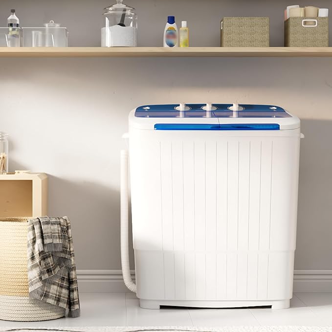 Pataku Portable Washing Machine, Compact Twin Tub Mini Washing Machine, 17.6 LBS Washer and Dryer Combo with Soaking Function, Semi-Automatic for Apartment, Dorms, RVs, Camping (White & Blue)-Ruum Studio Home