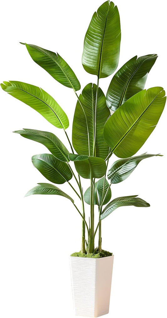 Lifelike Bird of Paradise Silk Artificial Plant Faux Banana Leaf Tree for Home Decor - Perfect Indoor Floor Plant with 11 Trunks (1, White Tall Planter, 6.6 FT)-Ruum Studio Home