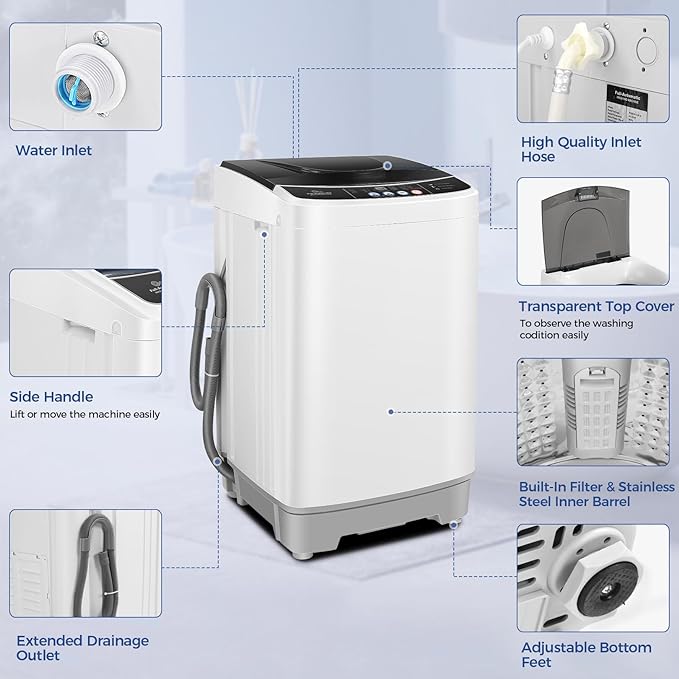 20Lbs Portable Washing Machine Nictemaw Portable Washer, 2.8 Cu.ft Washer and Dryer Combo with Drain Pump, 10 Programs 8 Water Level Compact Laundry Washer for Home, Apartment, RV, Dorms-Ruum Studio Home