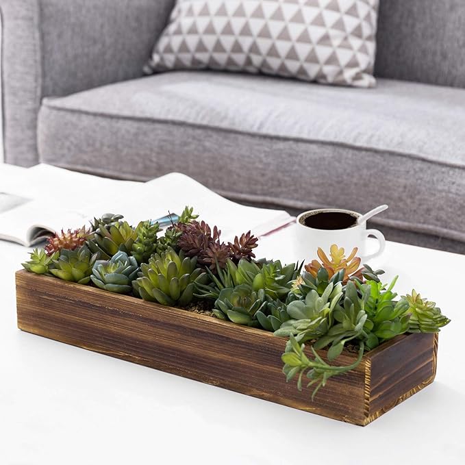 MyGift Artificial Succulent Centerpiece, 15.75 Inch Faux Succulents Arrangement Plants in Rustic Burnt Wood Rectangular Planter Box-Ruum Studio Home
