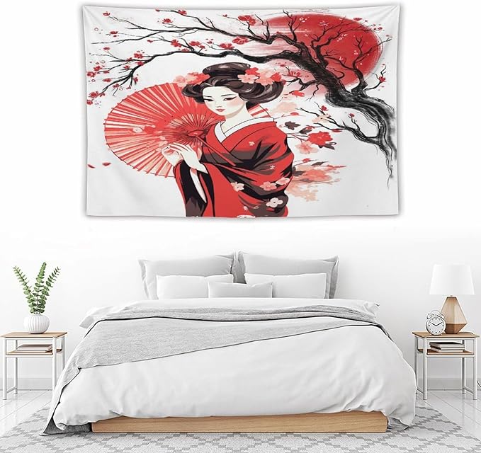 Japanese Red Geisha Tapestry Asian Cherry Blossom Traditional Kimono Folk Tapestries Home Decor for Living Room Bedroom Apartment Farmhouse Dorm 90"x60"-Ruum Studio Home