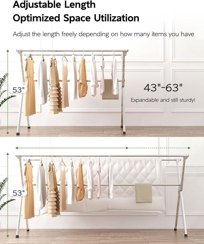 Clothes Drying Rack 63 Inches Folding Indoor Outdoor, Drying Rack Clothing Collapsible, Foldable Portable Laundry Drying Rack, Heavy Duty Laundry Hanger Dryer Rack, with 20 Hooks 12 Clips-Ruum Studio Home