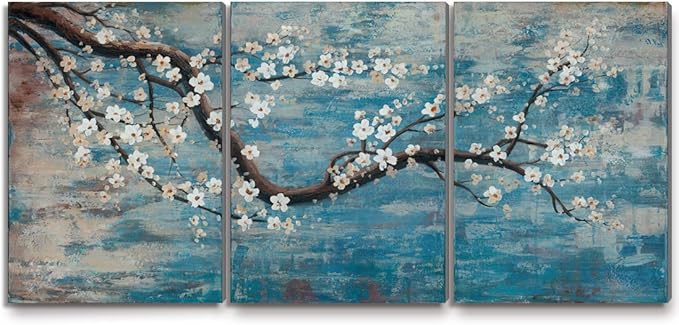 amatop Extra Large Wall Art for Living Room 100% Hand-Painted Framed Decorative Plum Floral Oil Painting Set Decorative Modern Blue Tree Artwork Ready to Hang-Ruum Studio Home