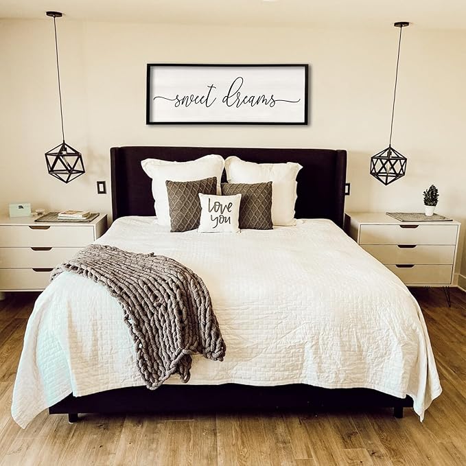 Sweet Dreams Wall Decor Above Bed 40''×15'' Master Bedroom Large Sweet Dreams Sign Farmhouse Wall Decor Guest Room Wood Rustic Framed Over Bed Wall Art Hanging Decoration (Black)-Ruum Studio Home