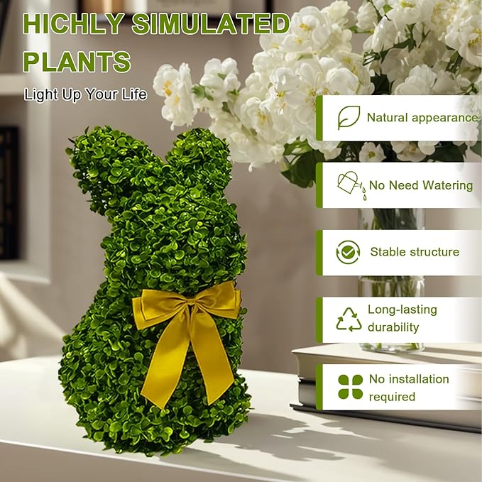 2 Pcs Artificial Bunny Shaped Topiary Trees, Artificial Green Boxwood Bunny Decorations with Gold Bow, Perfect for Indoor & Outdoor Front Porch, Easter& Garden Decor (Bunny Tree Without Base)-Ruum Studio Home