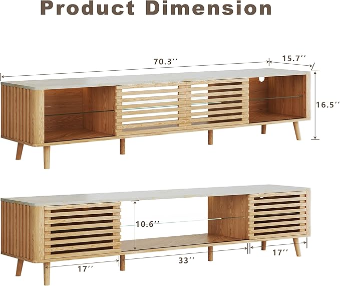 70" Mid Century Modern TV Stand for 55/65/75 Inch TV, Faux Marble Top Entertainment Center with Slatied Sliding Door & LED Lights, Low TV Console with Glass Shelves for Bedroom, Living Room-Ruum Studio Home