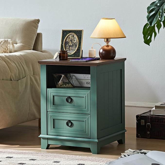 18" Farmhouse Night Stands Set of 2 with Charging Station, 2 Drawers Bedside End Table, Green Wooden Nightstand, Bed Side Table Cabinet with Open Shelf for Bedroom Living Room Office-Ruum Studio Home