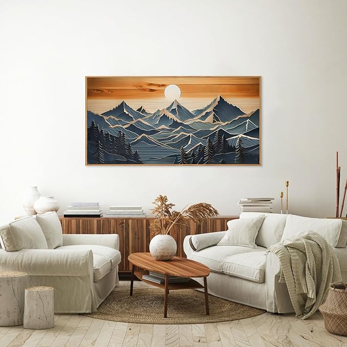Tinonedraw Metal Mountain Framed Canvas Wall Art, Boho Mountains Forest Artworks, Mid Century Modern Blue Ridge Wall Decor, Vintage Nature Sunset Art Print for Living Room Bedroom Office 20"x40"-Ruum Studio Home