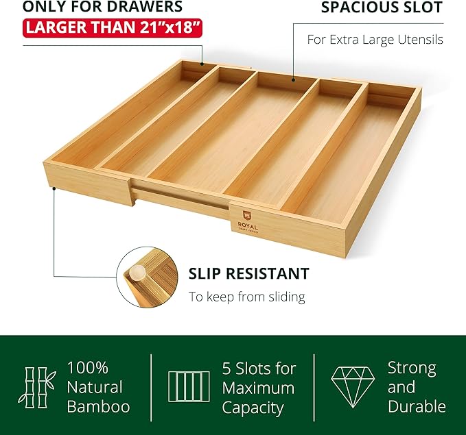 ROYAL CRAFT WOOD Luxury Bamboo Kitchen Drawer Organizer - Silverware Organizer - Utensil Holder and Cutlery Tray with Grooved Drawer Dividers for Flatware and Kitchen Utensils (5 Slot, Natural)-Ruum Studio Home