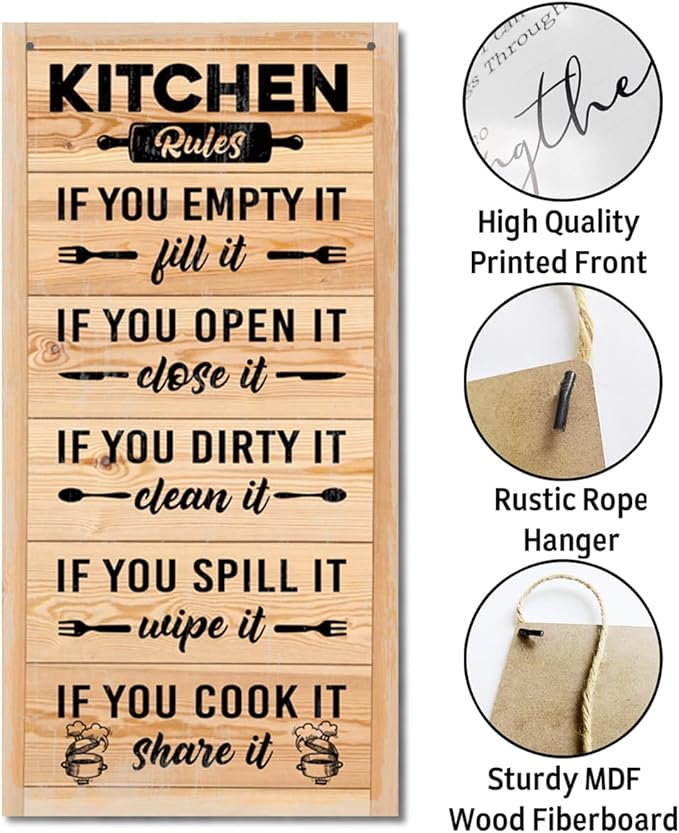 Hanging Kitchen Rules Wooden Sign, Rustic Kitchen Decor, Printed Wall Art, Funny Farmhouse Wall Decor-Ruum Studio Home