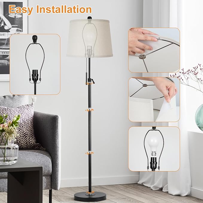 Floor Lamps for Living Room, Black Floor Lamp Adjustable Height Standing Lamp, Dimmable Modern Tall Floor Lamp for Bedroom Office with Beige Linen Shade, 8W 3000K Bulb Included-Ruum Studio Home