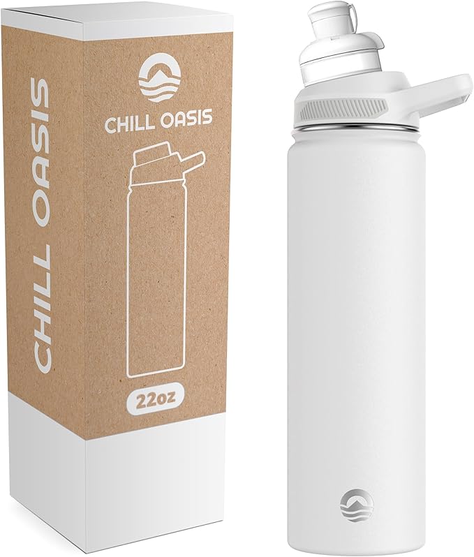 Chill Oasis Water Bottle | Compatible With Popular Flavor Cartridges | BPA Free, Leak Proof, Double-Walled Vacuum Insulated Stainless Steel, and Dishwasher Safe | Cold for 24 Hours (White, 22oz)-Ruum Studio Home