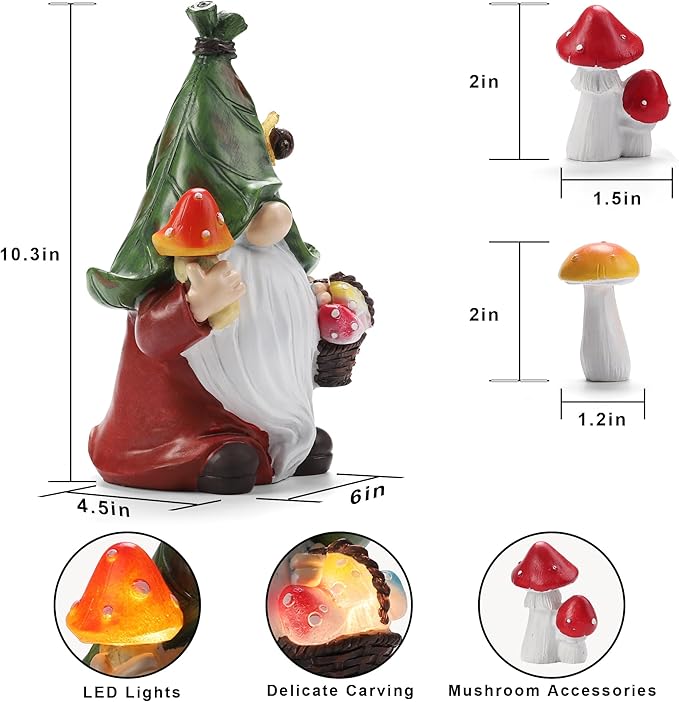 Mushroom-Picking Gnome Solar Garden Statue with 3 LED Lights, Set with 1 Gnome and 2 Small Mushroom, Lovely Garden Gnome Set for Patio, Yard, Lawn Ornament, Outdoor Decor-Ruum Studio Home