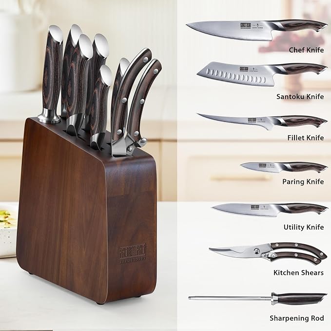 Magnetic Knife Block 10 x 9 Inches, Double Sided Magnetic Knife Holder and Kitchen Knife Organizer Storage, 7 Slots Acacia Wood Universal Knife Block for Chefs-Ruum Studio Home