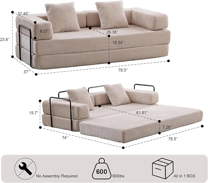 Convertible Sleeper Sofa Bed, Compression Folding Sofa with Pillow, No Assembly Required, Shape Frame, Floor Sofas Lounge Couch for Living Room, Bedroom, Small Spaces(Corduroy, 77''W, Off-white)-Ruum Studio Home