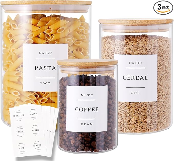 3 Pcs Glass Canisters with Airtight Bamboo Lids and 42 Kitchen Pantry Labels Preprinted - Clear Glass Flour and Sugar Storage Container Set - Large Glass Jars with Wood Lids(100 OZ/54 OZ/27 OZ)-Ruum Studio Home
